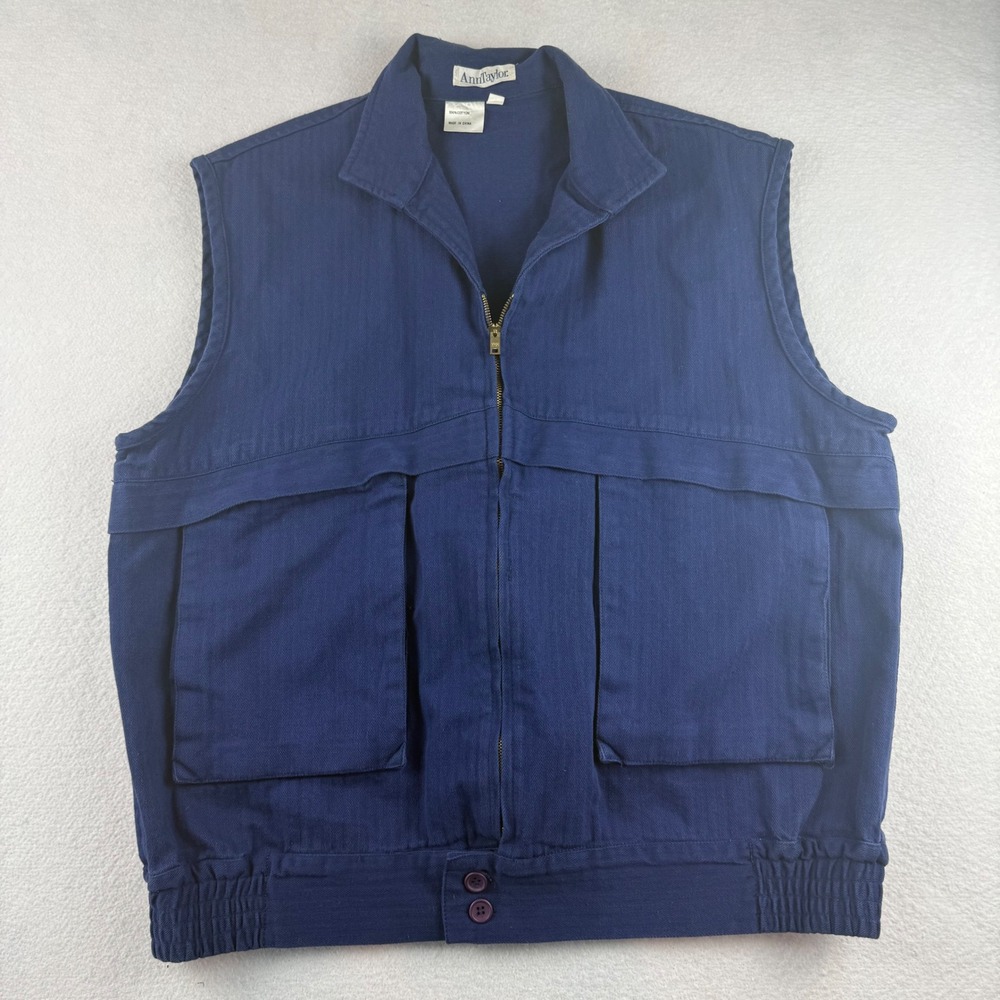 Ann Taylor Vintage Navy Blue Cotton Utility Vest Zip Front Large Cargo Pockets